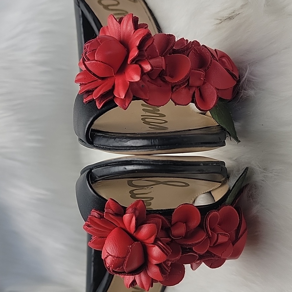 SAM EDELMAN Yaro Black Leather Red Rosette Open Toe Party Block Heel Sandals 7.5 - Picture 7 of 16